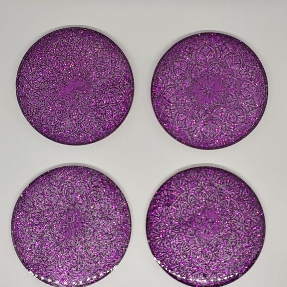 Mandala Coasters Set Purple Glitter - Picture 2 of 3